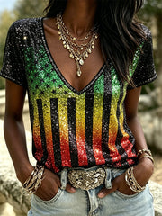 Women's Black Pride Rasta Gradient American Flag Glitter Print short-sleeved T-shirt