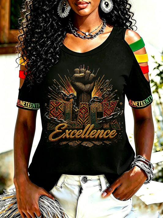 Women's Juneteenth Black Excellence Power Fist Print Casual  Round Neck Off-shoulder T-shirt