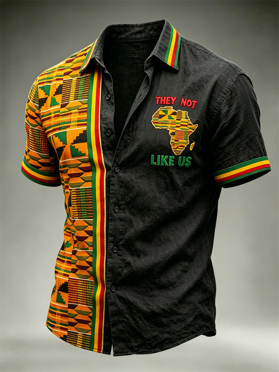 Men's They Not Like Us Africa Map Ethnic Kente Contrast Print Short Sleeve Shirt
