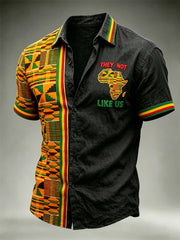 Men's They Not Like Us Africa Map Ethnic Kente Contrast Print Short Sleeve Shirt