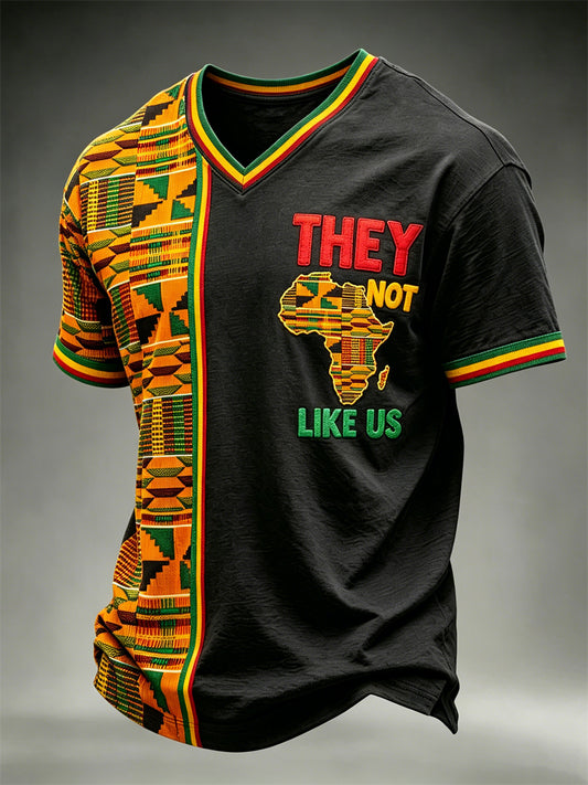 Men's They Not Like Us Africa Map Ethnic Kente Contrast Print V-neck T-shirt
