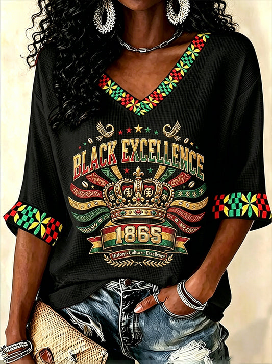 Women's Juneteenth Black Excellence Power Fist Print Casual Waffle T-shirt
