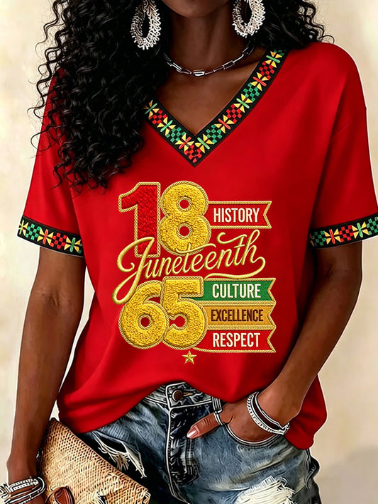 Women's Juneteenth  Print Casual V-Neck Tee