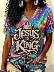 Women's 'Jesus is King' Christian V-neck T-shirts