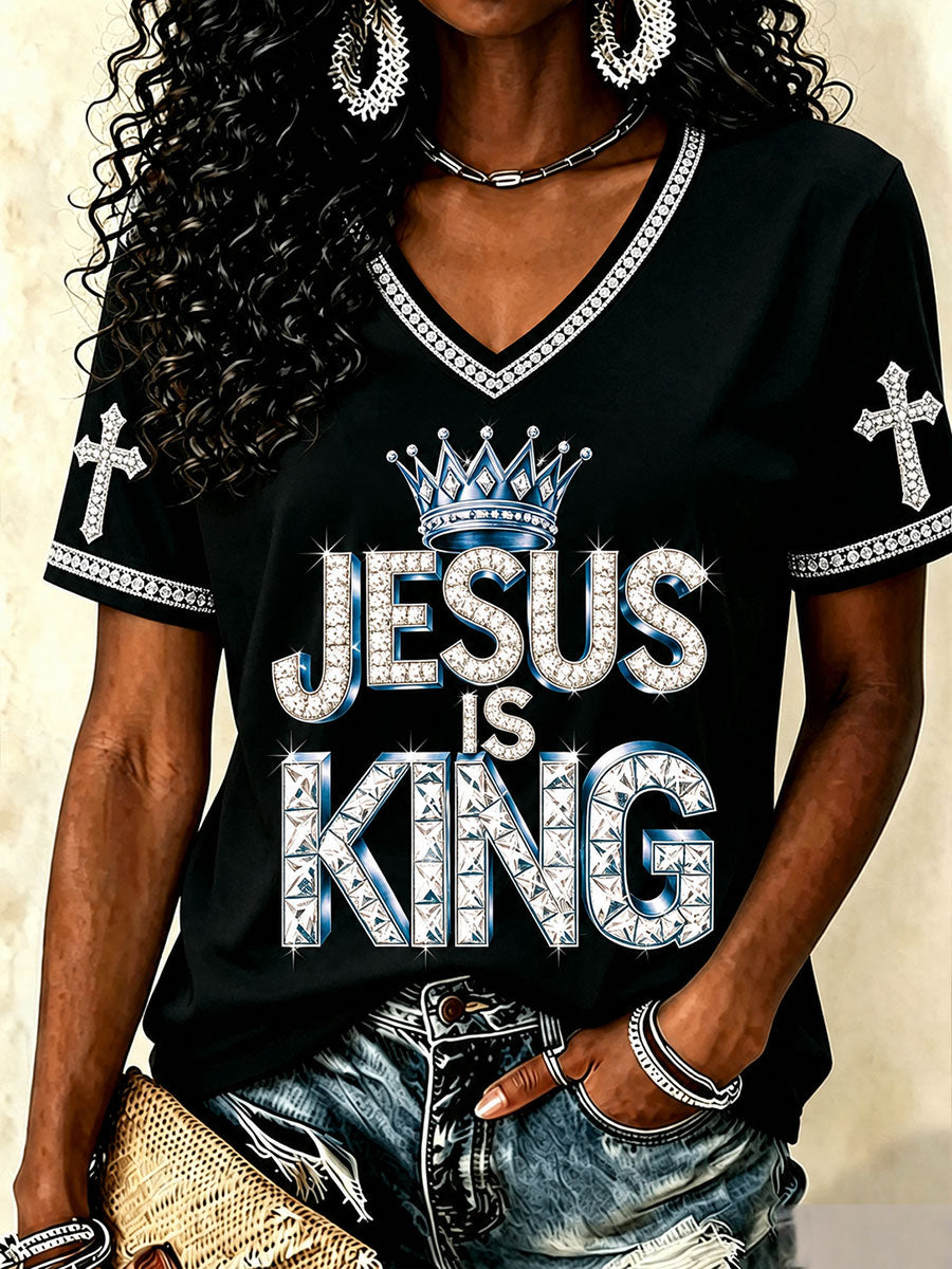Women's 'Jesus is King' Christian V-neck T-shirts