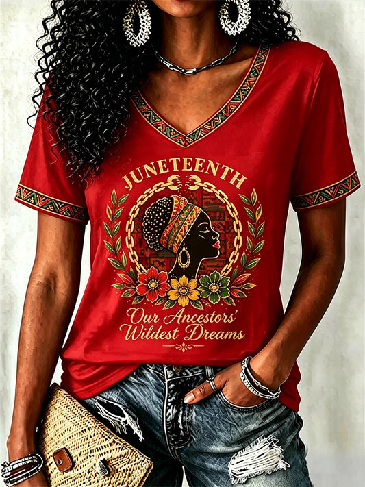 Women's Juneteenth  Print Casual V-Neck Tee