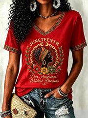 Women's Juneteenth  Print Casual V-Neck Tee
