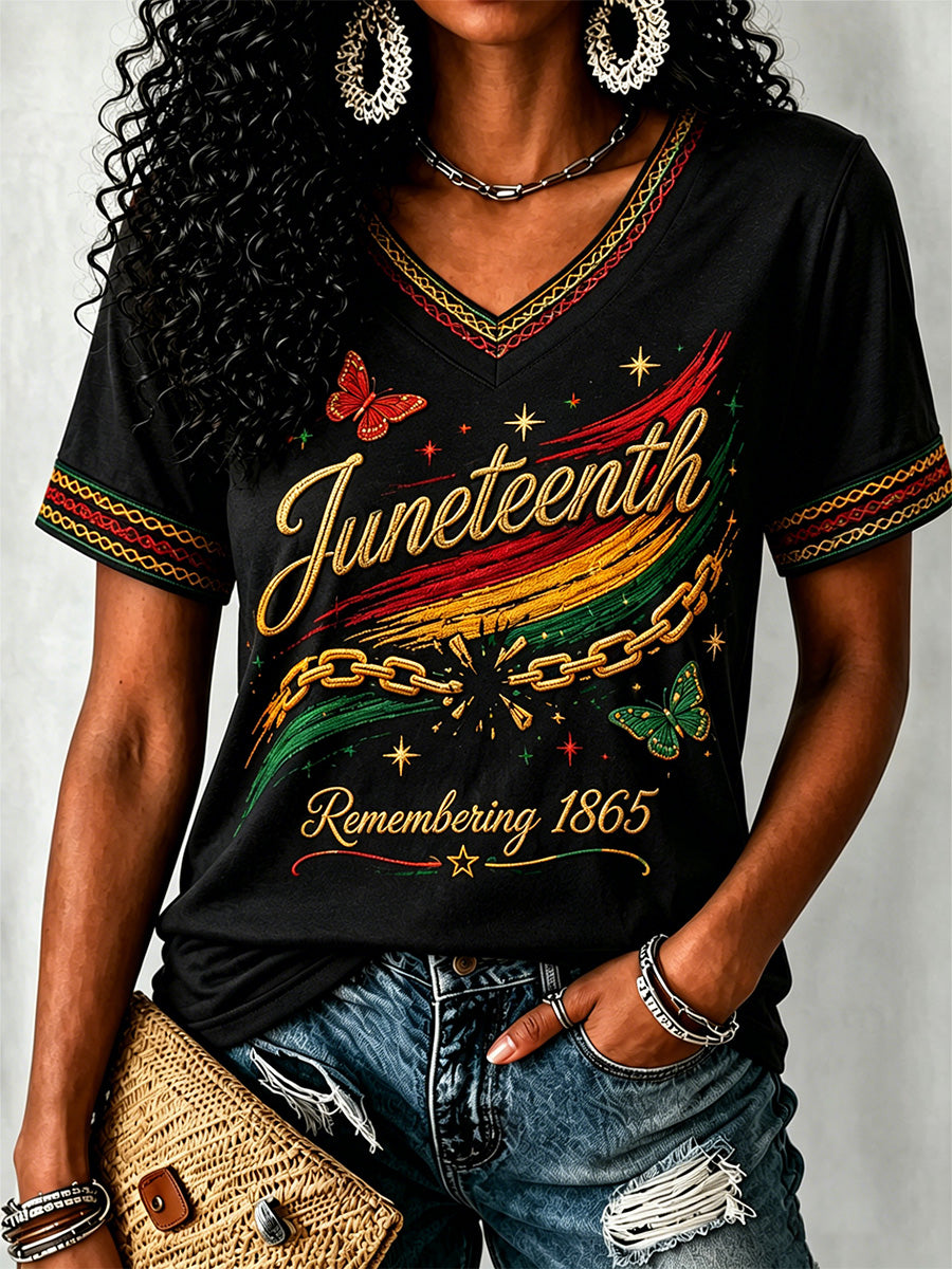 Women's Juneteenth  Print Casual V-Neck Tee