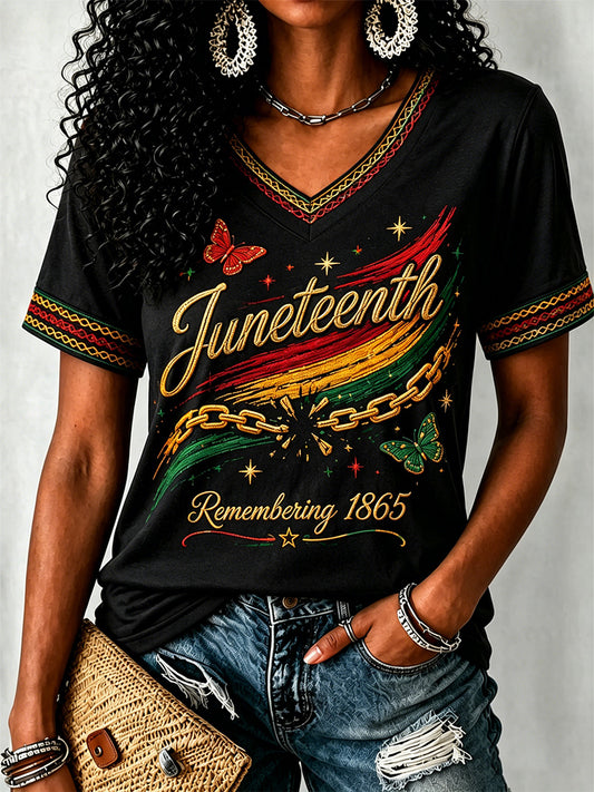 Women's Juneteenth  Print Casual V-Neck Tee
