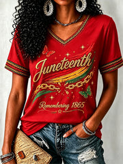 Women's Juneteenth  Print Casual V-Neck Tee