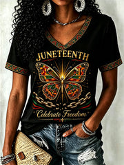 Women's Juneteenth  Print Casual V-Neck Tee