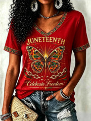 Women's Juneteenth  Print Casual V-Neck Tee