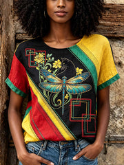Women's Dragonfly Pattern Printed Color Block Patchwork Retro Linen Short Sleeve T-Shirt