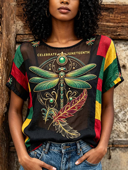 Women's Dragonfly Pattern Printed Color Block Patchwork Retro Linen Short Sleeve T-Shirt