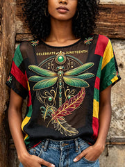 Women's Dragonfly Pattern Printed Color Block Patchwork Retro Linen Short Sleeve T-Shirt