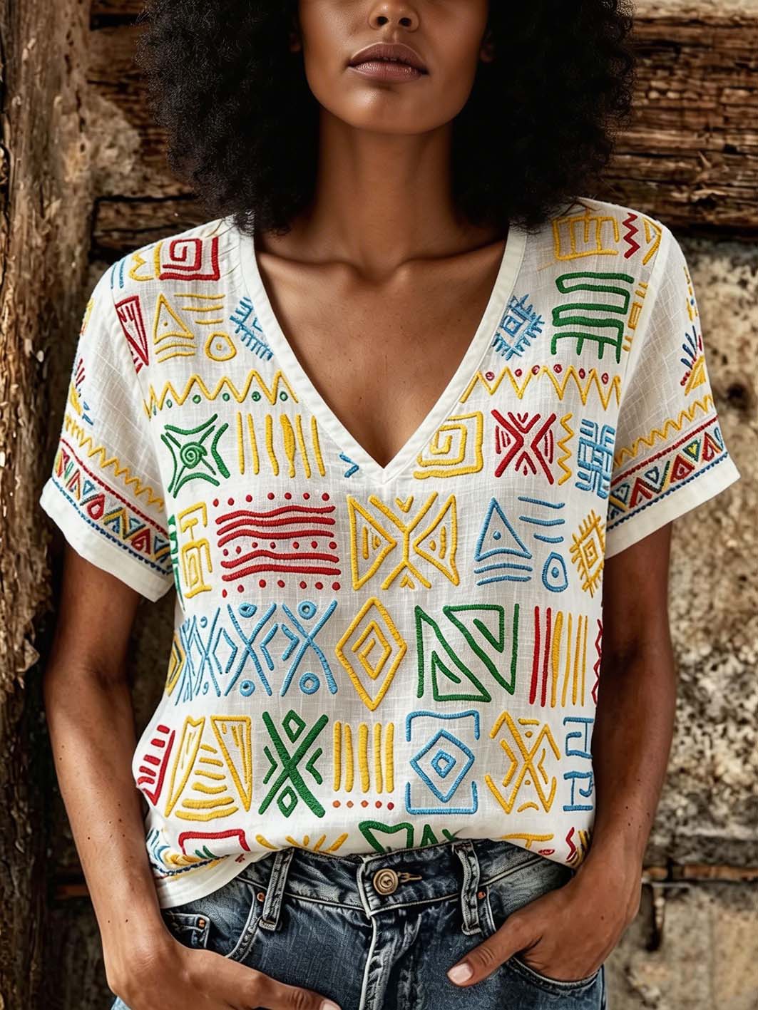 Women's Colorful Symbol Pattern Printed Linen Short Sleeve T-Shirt