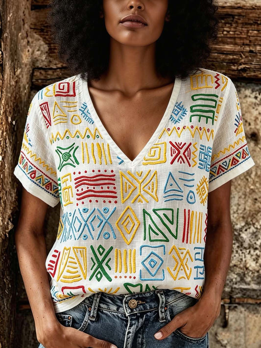 Women's Colorful Symbol Pattern Printed Linen Short Sleeve T-Shirt
