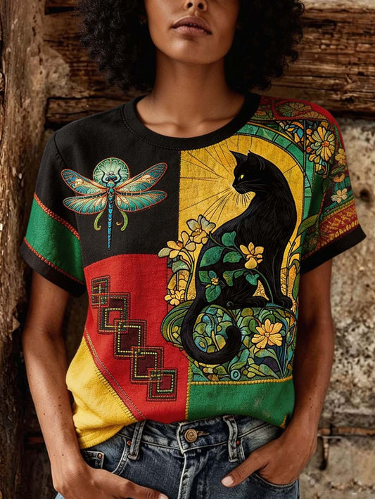 Women's Dragonfly Pattern Printed Color Block Patchwork Retro Linen Short Sleeve T-Shirt