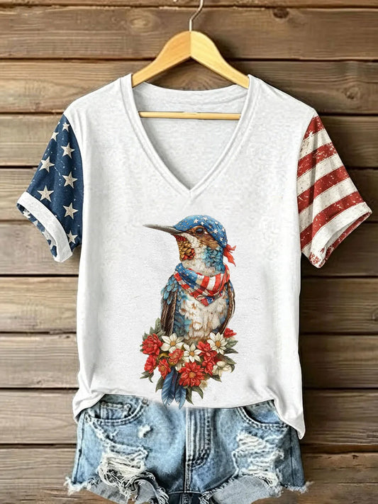 Women's Independence Day American Flag Hummingbird Art  V-neck T-shirt