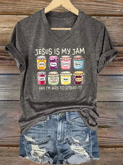 Women's Christian Jesus Is My Jam And I'm Here To Spread It Print Casual V-Neck Tee