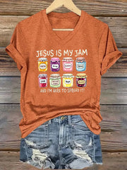 Women's Christian Jesus Is My Jam And I'm Here To Spread It Print Casual V-Neck Tee