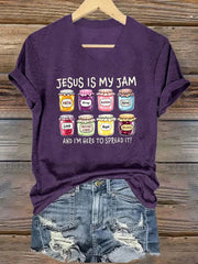 Women's Christian Jesus Is My Jam And I'm Here To Spread It Print Casual V-Neck Tee