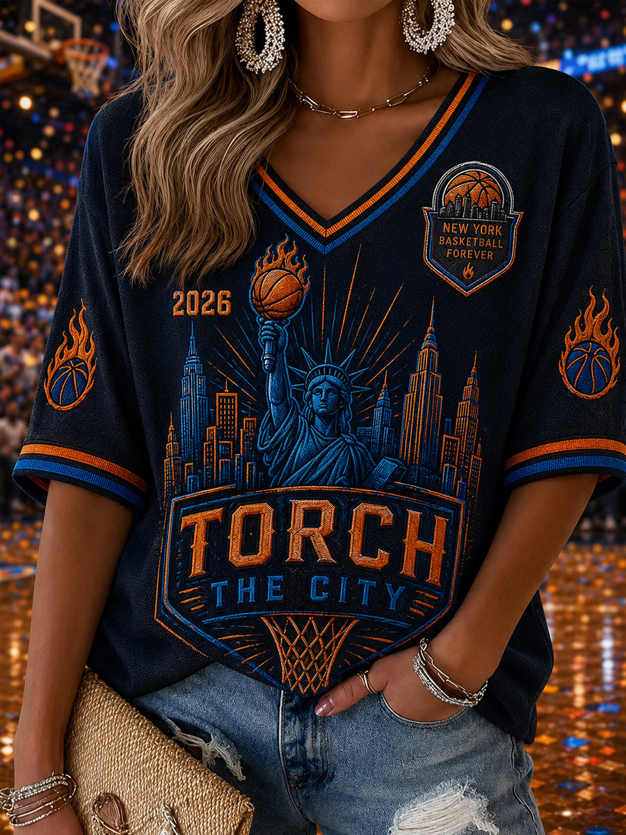 Women's Classic Basketball Fan Graphic Mid-length Sleeves V-Neck T-Shirt