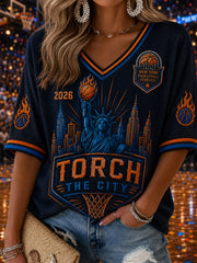 Women's Classic Basketball Fan Graphic Mid-length Sleeves V-Neck T-Shirt