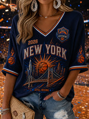 Women's Classic Basketball Fan Graphic Mid-length Sleeves V-Neck T-Shirt