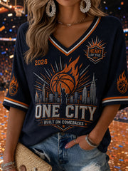Women's Classic Basketball Fan Graphic Mid-length Sleeves V-Neck T-Shirt