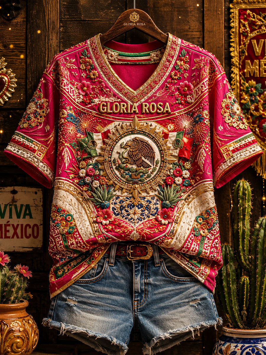Women's Mexico Pride Art Printed Linen T-shirt