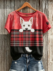 Women's Peeking Scottish Terrier Dog & Scotland Tartan Colorblock Print short-sleeved T-shirt