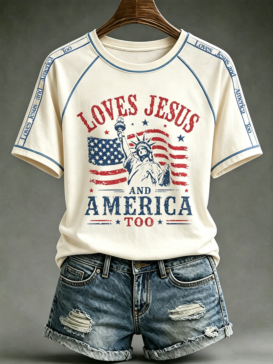 Women's Loves Jesus and America Too round neck short sleeve T-shirt