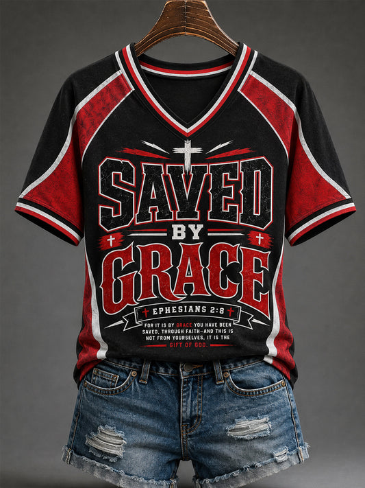 Women's Saved By Grace Print Casual V-Neck Tee
