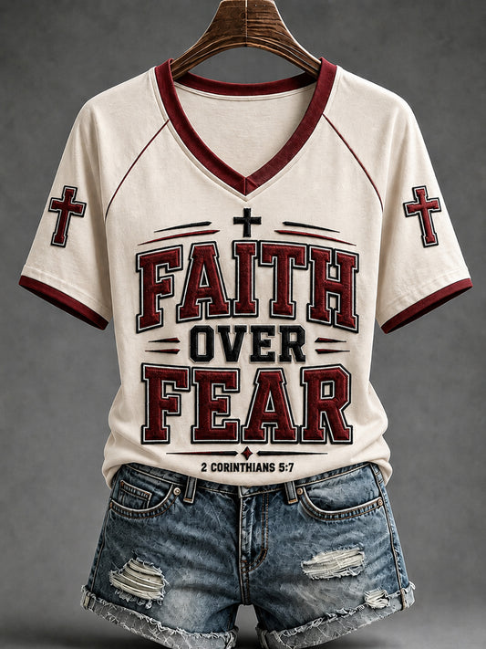 Women's Christian Faith Over Fear 2 Corinthians 5:7 Cross Off-shoulder Short Sleeve T-shirt