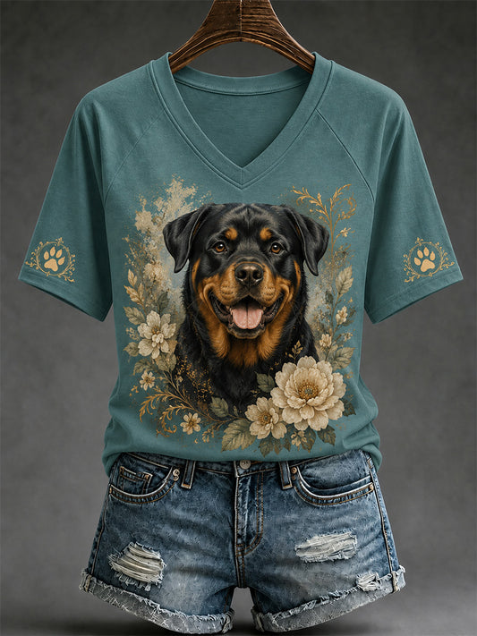 Women's Retro Dog Print Casual V-Neck Tee