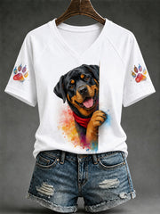 Women's Cute Dog Print Gift For Pet Lovers Casual V-Neck Tee