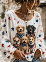 Women's American Flag Cute Animals Cotton-Linen Shirt