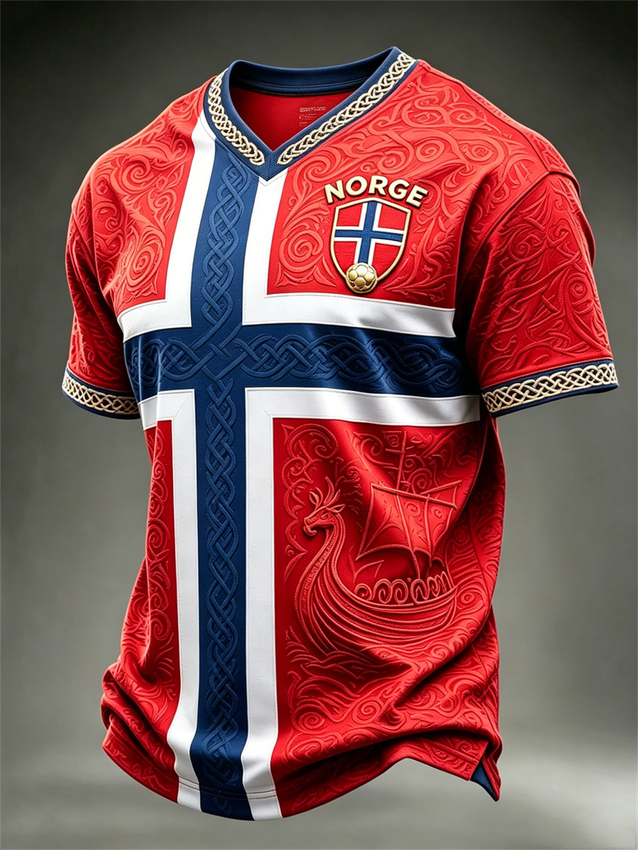 Men's Norway Football Viking Ship Celtic Knot Flag Colorblock Print short sleeves t-shirt