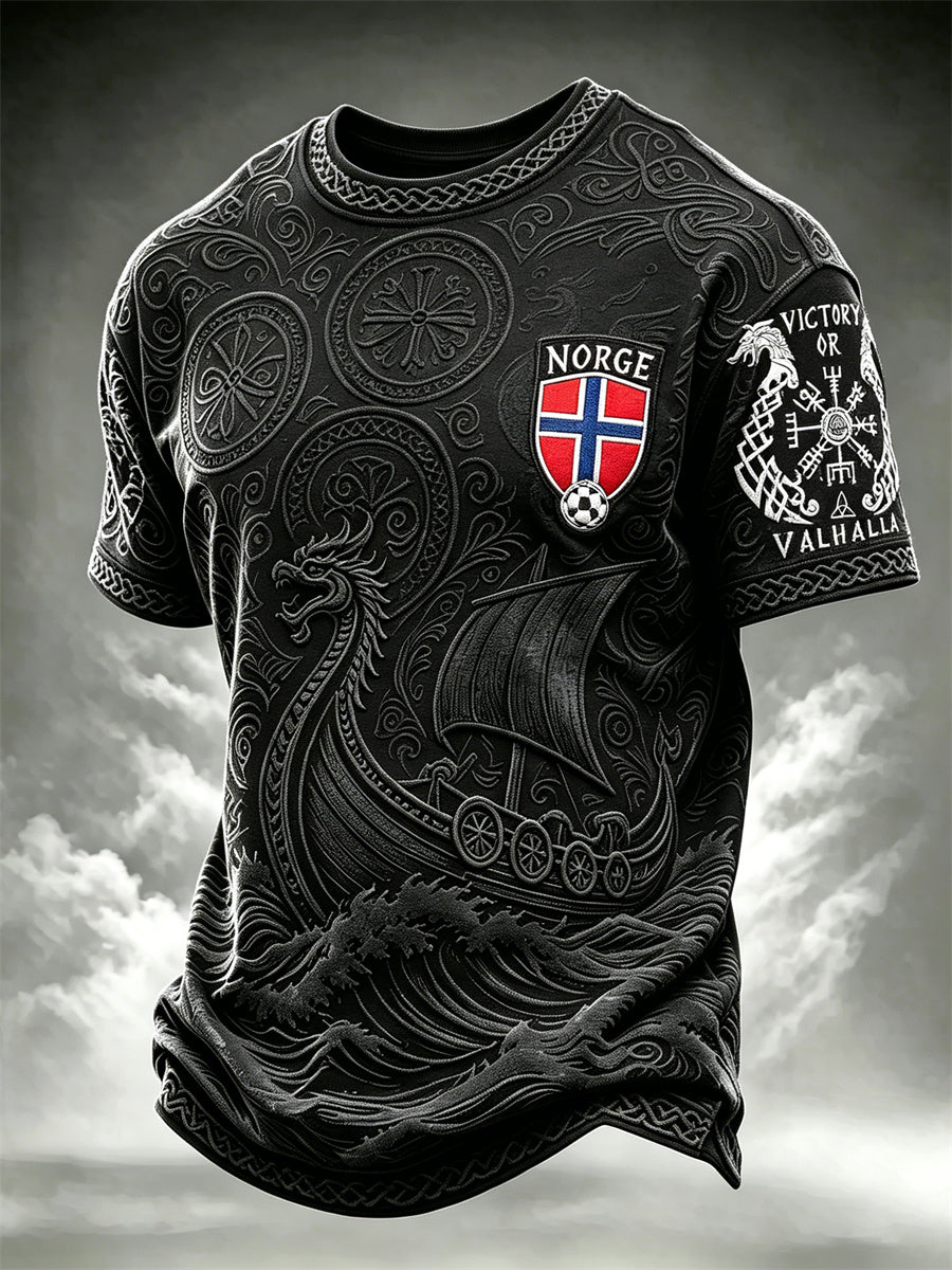 Men's Norway Football Victory or Valhalla Viking Vegvisir & Ship Celtic Knot Print short sleeves t-shirt