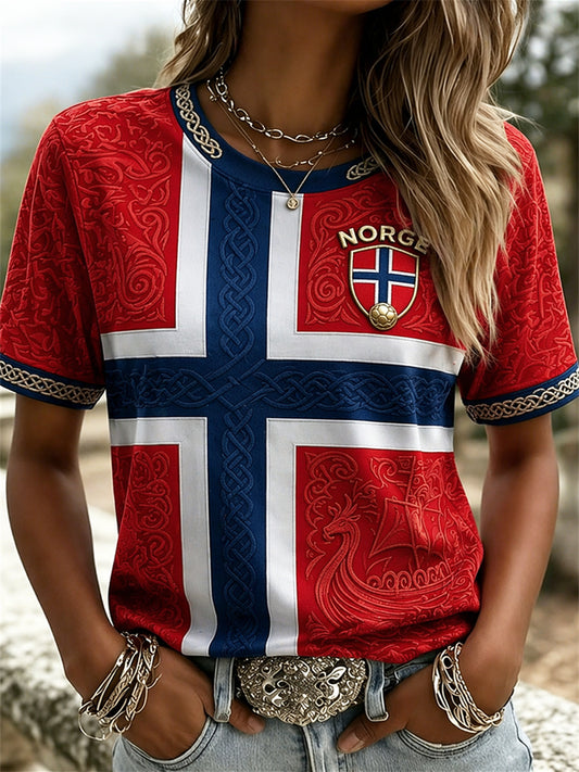 Women's Norway Football Viking Ship Celtic Knot Flag Colorblock Print short-sleeved T-shirt