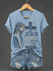 Women's Jesus The Way The Truth The Life Print Casual V-Neck Tee