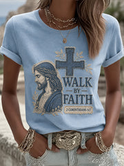 Women's Christian Jesus Walk By Faith Print Casual V-Neck Tee