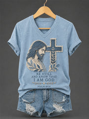 Women's Be Still And Know That I Am God Print Casual V-Neck Tee