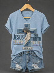 Women's Jesus The Way The Truth The Life Print Casual V-Neck Tee