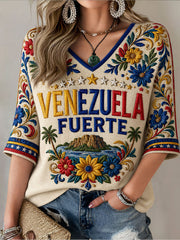 Women's Venezuela Fuerte Mid-length Sleeves V-Neck T-Shirt