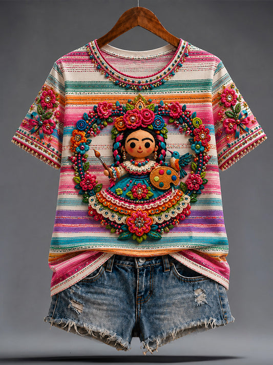 Women's Guelaguetza Mexico Lele Doll Art Printed T-shirt
