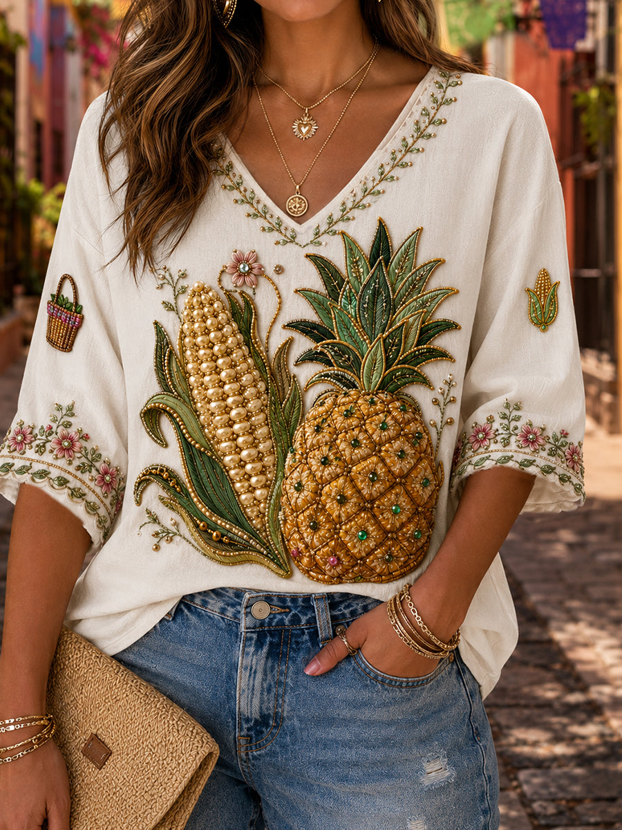 Women's Guelaguetza Mexico Lele Doll Art Printed Linen T-shirt