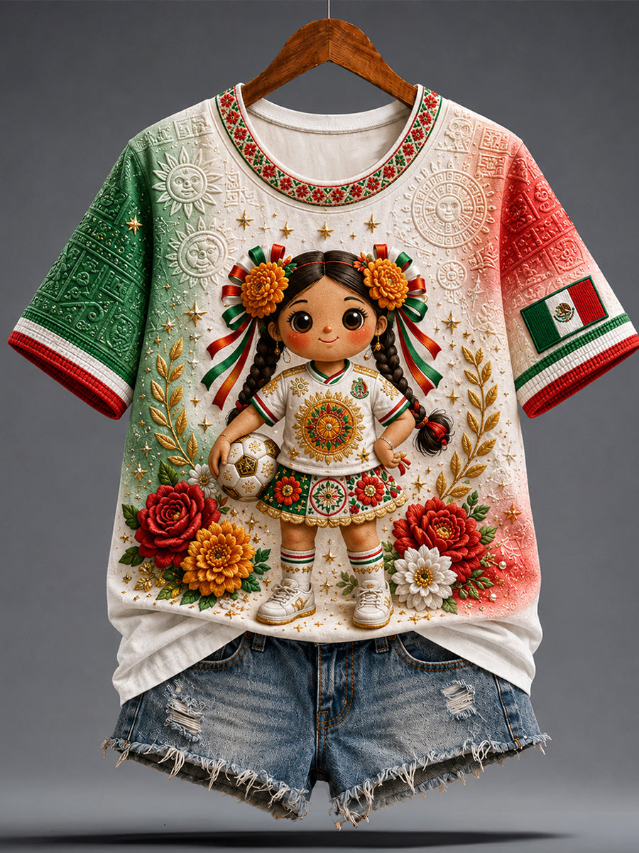 Women's Mexico Football Lover Lele Doll Art Printed T-shirt