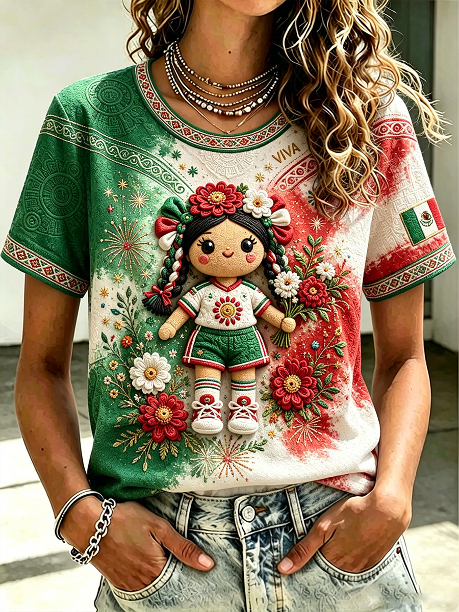 Women's Mexico Football Lover Lele Doll Art Printed T-shirt
